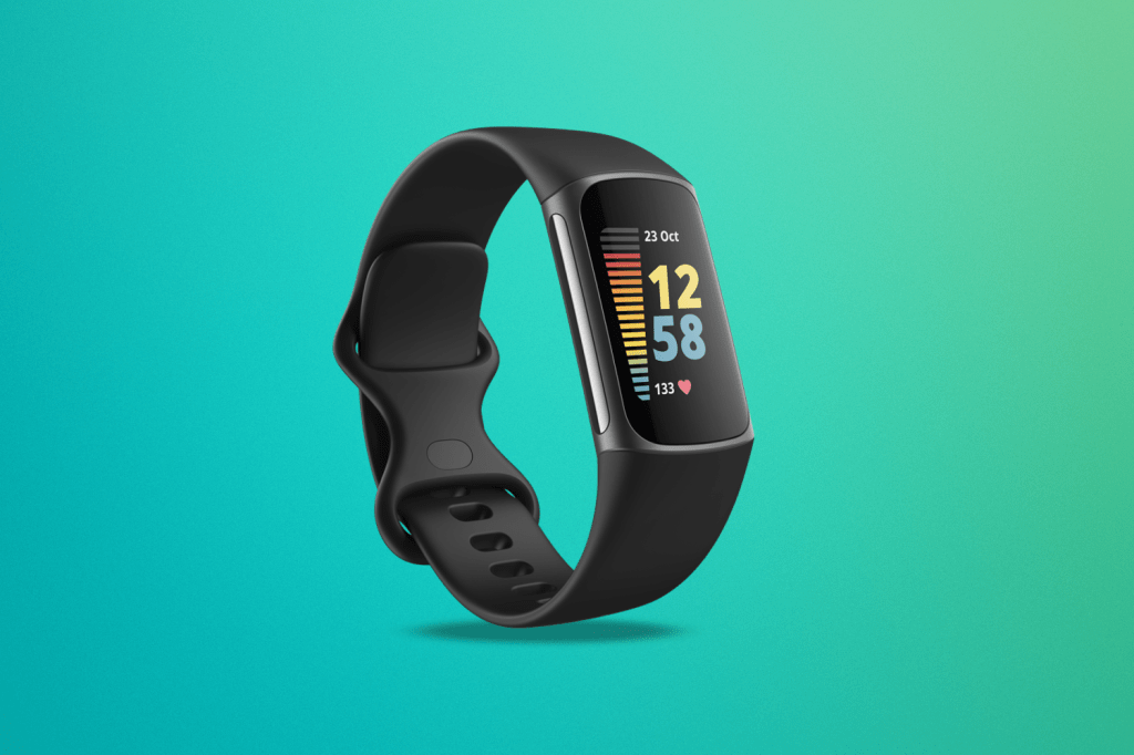 Fitbit Charge 5 against a green/blue background