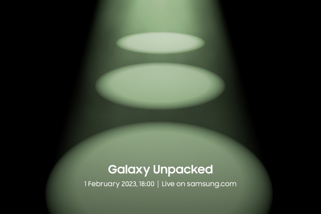 Invite for Galaxy Unpacked February 2023 with green spotlights