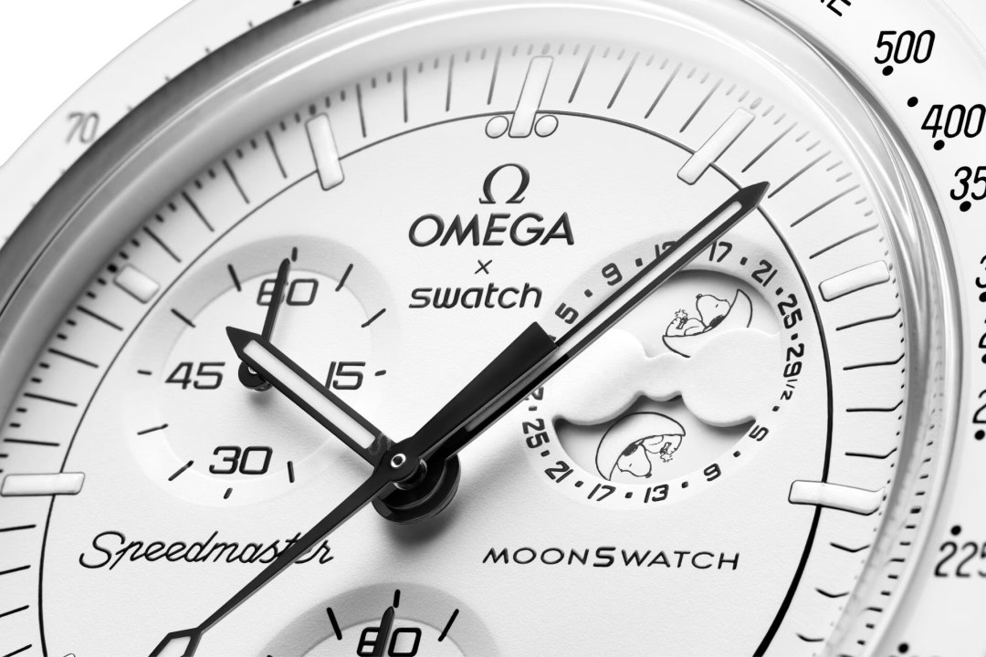 Close up of Swatch MoonSwatch Snoopy dial