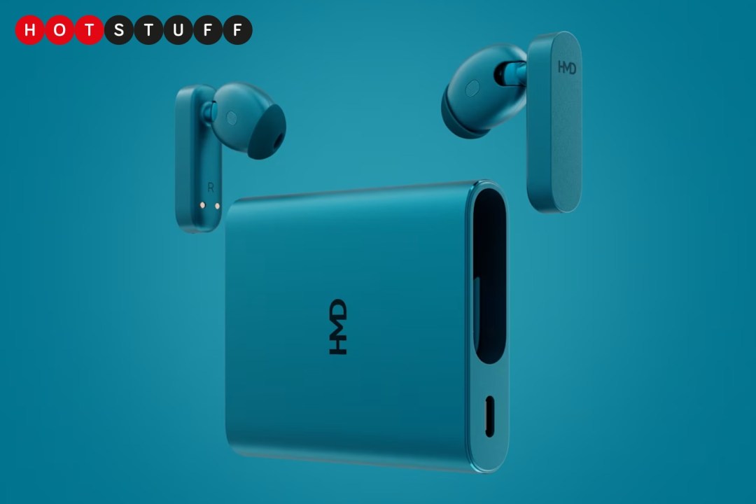 A blue pair of HMD Amped Buds floating either side of the charging case. The background is also blue.