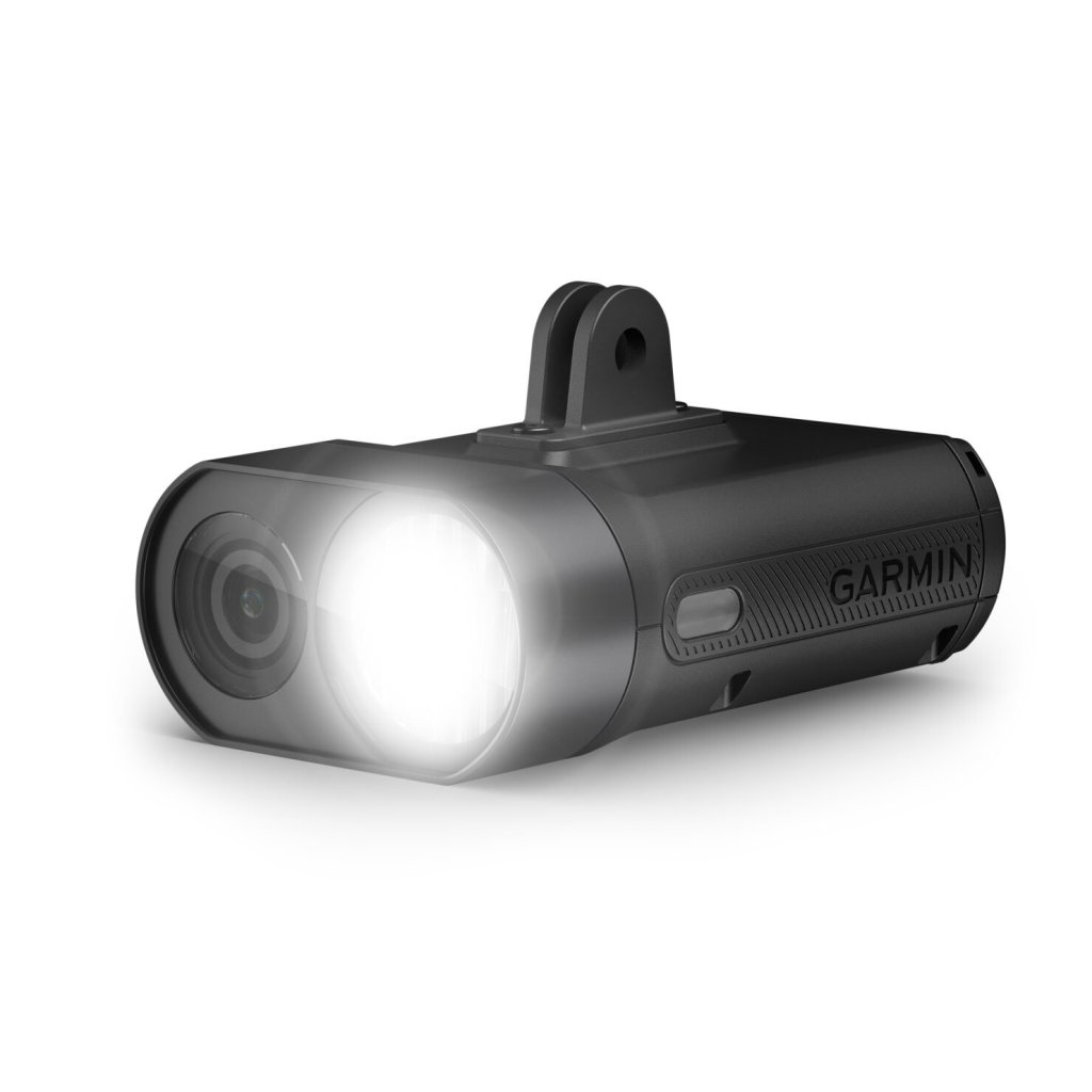 A black Garmin Varia Vue camera/headlight on a white background. On top you can see the handlebar attachment.
