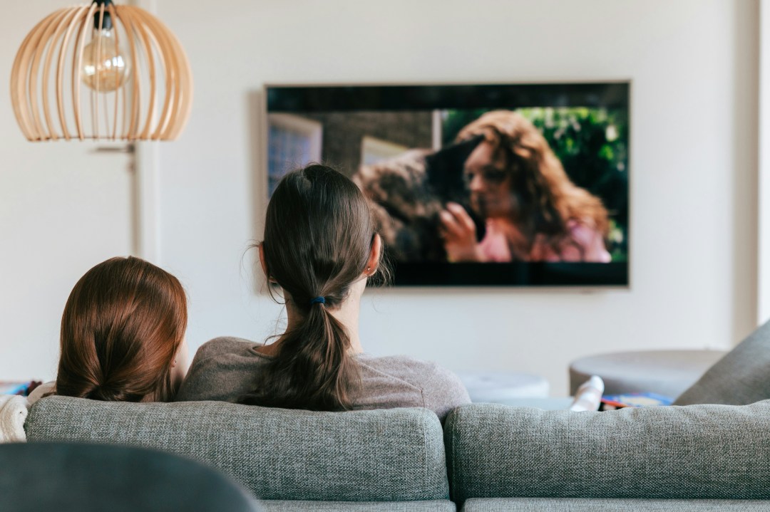 Two people watching TV, seen from the back