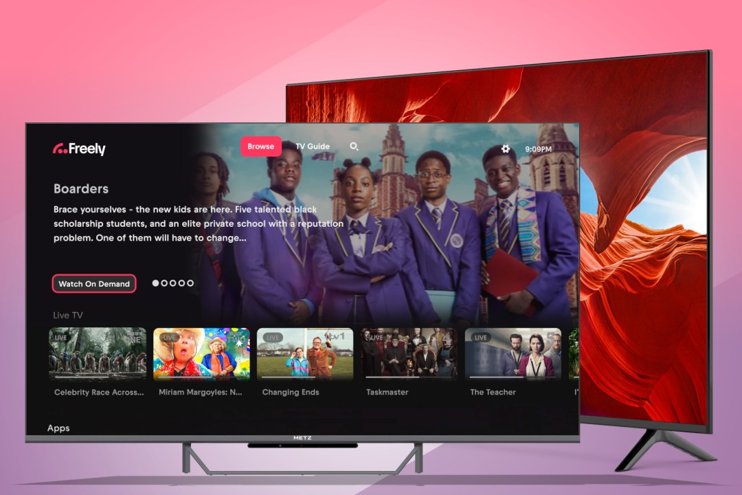 Best budget TVs on a pink and purple background
