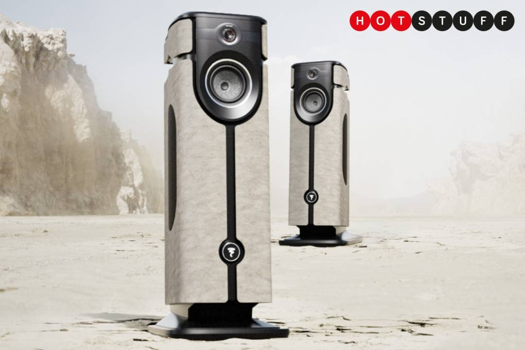 A pair of Focal Diva Mezza Utopia speakers in a desert for some reason